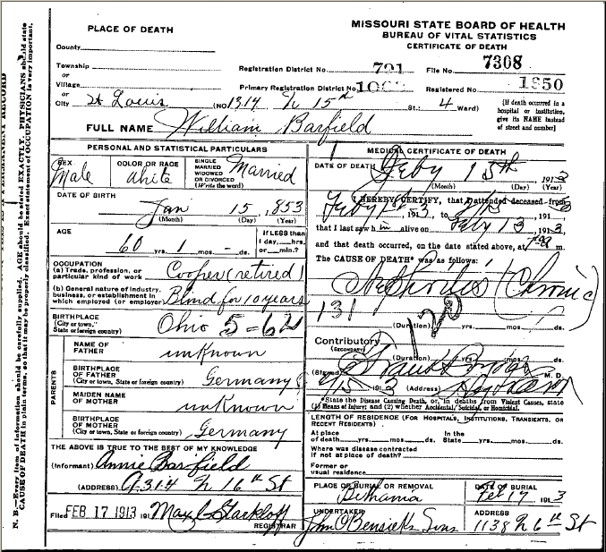 Walter D Wood&#39;s Family Pages - Death Certificate - BARFIELD, William C 1913 St. Louis MO